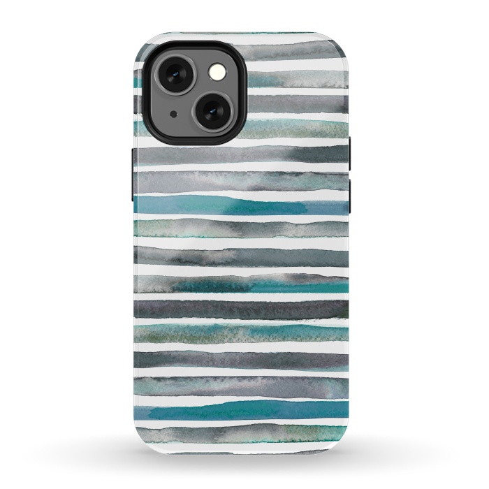 iPhone 13 mini StrongFit Watercolor Stripes and Lines Blue Aqua by Ninola Design