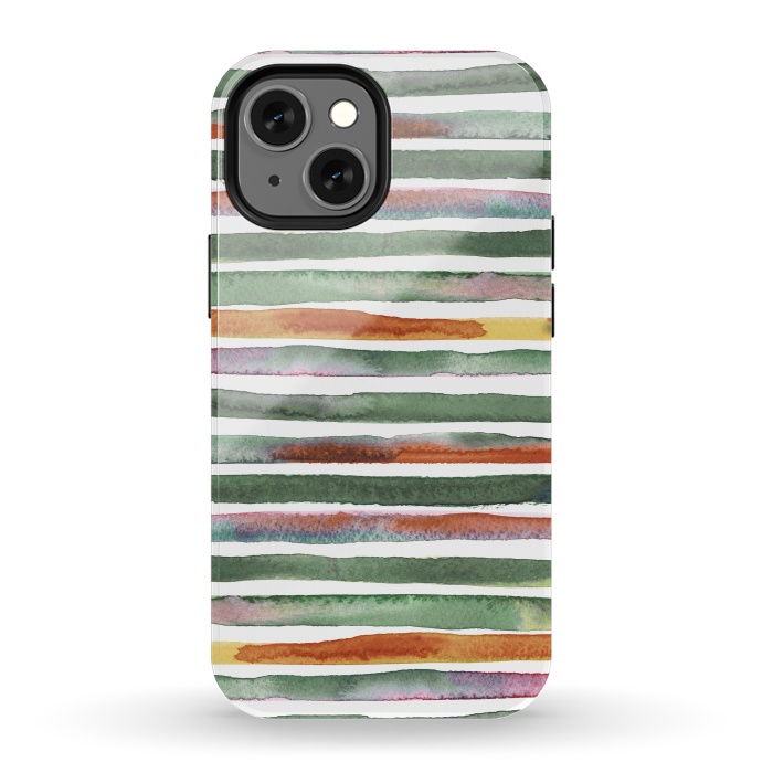 iPhone 13 mini StrongFit Watercolor Stripes and Lines Green Orange by Ninola Design