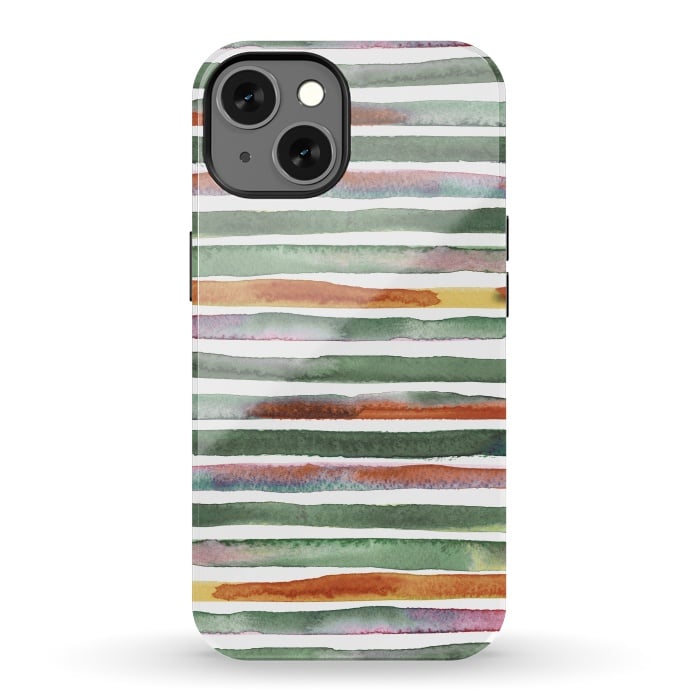 iPhone 13 StrongFit Watercolor Stripes and Lines Green Orange by Ninola Design