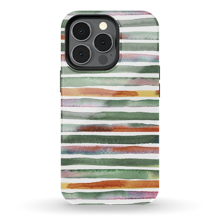 iPhone 13 pro StrongFit Watercolor Stripes and Lines Green Orange by Ninola Design