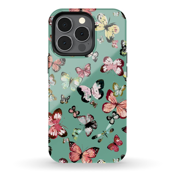iPhone 13 pro StrongFit Flying Butterflies Watercolor Teal by Ninola Design