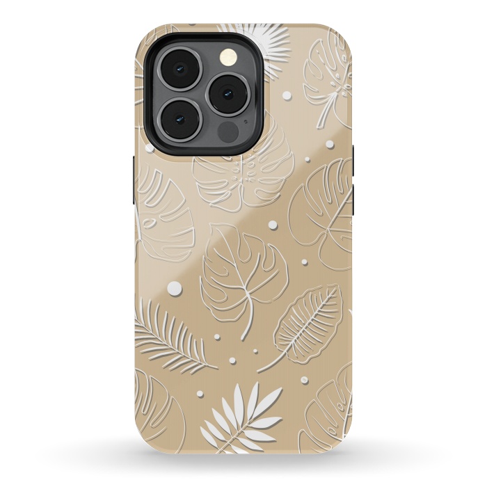 iPhone 13 pro StrongFit Tropical Beige leaves by Martina
