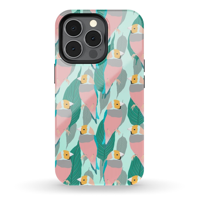 iPhone 13 pro StrongFit Trendy Pink Rainbow Finch Bird & Green Foliage Design by InovArts