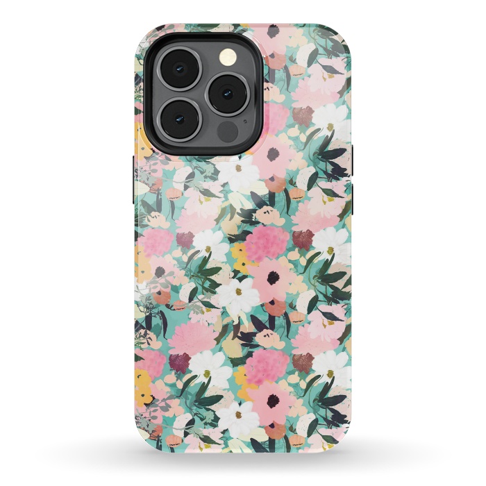 iPhone 13 pro StrongFit Pretty Watercolor Pink & White Floral Green Design by InovArts