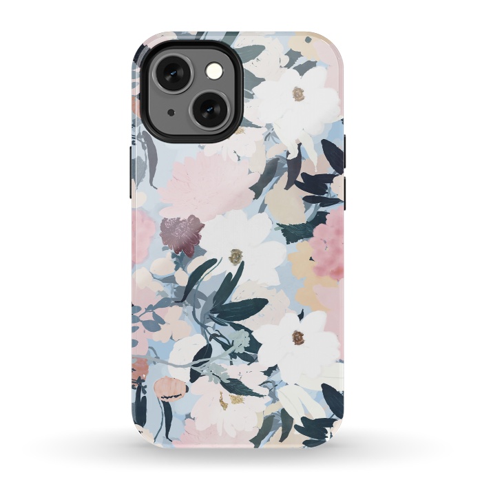 iPhone 13 mini StrongFit Pretty Grayish Blue Watercolor Pink & White Floral Design by InovArts