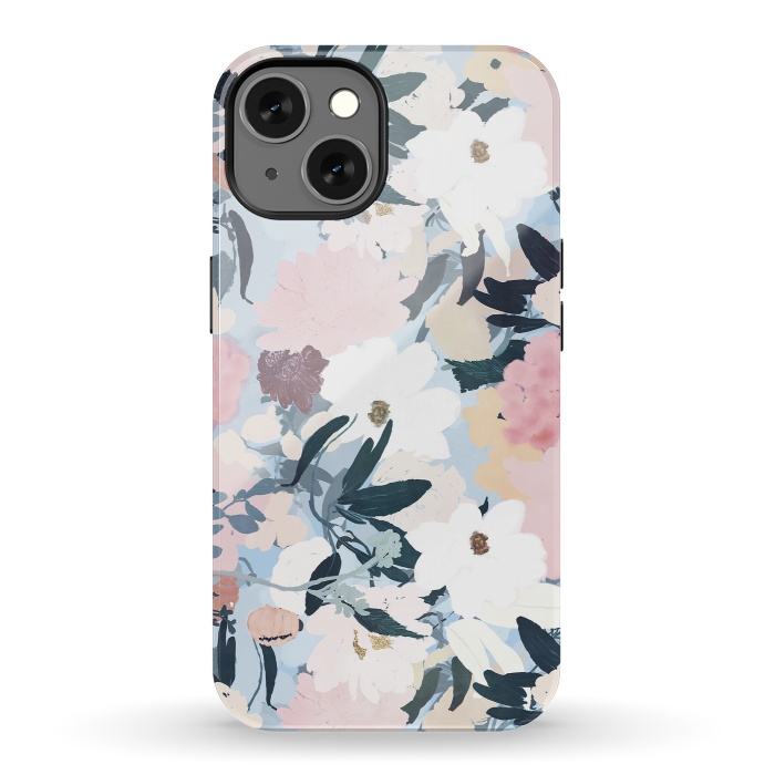 iPhone 13 StrongFit Pretty Grayish Blue Watercolor Pink & White Floral Design by InovArts