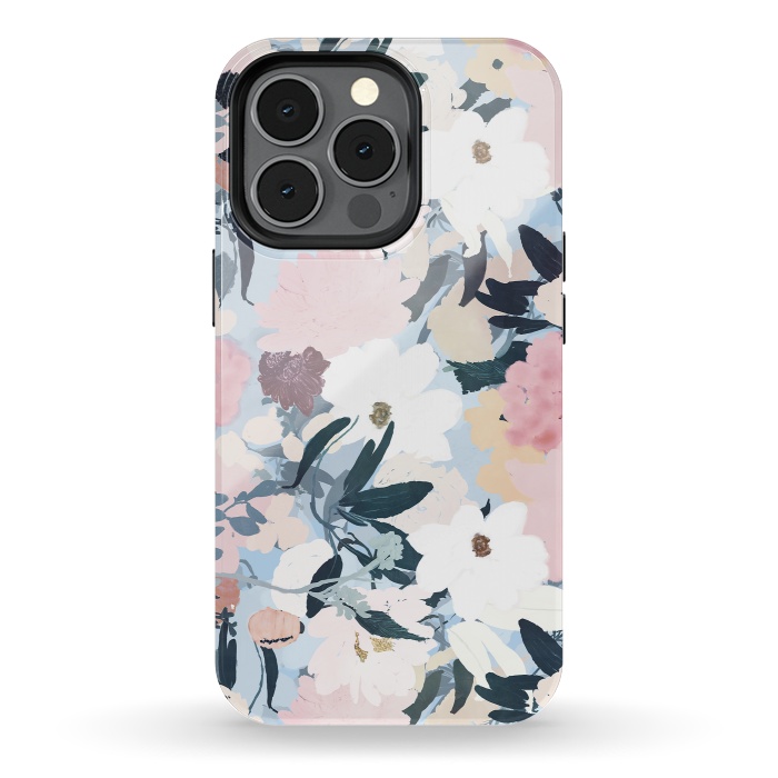 iPhone 13 pro StrongFit Pretty Grayish Blue Watercolor Pink & White Floral Design by InovArts