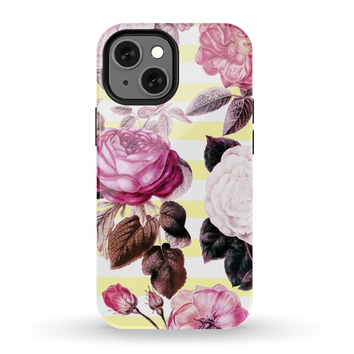 iPhone 13 mini StrongFit Vintage romantic roses and bright yellow stripes by Oana 
