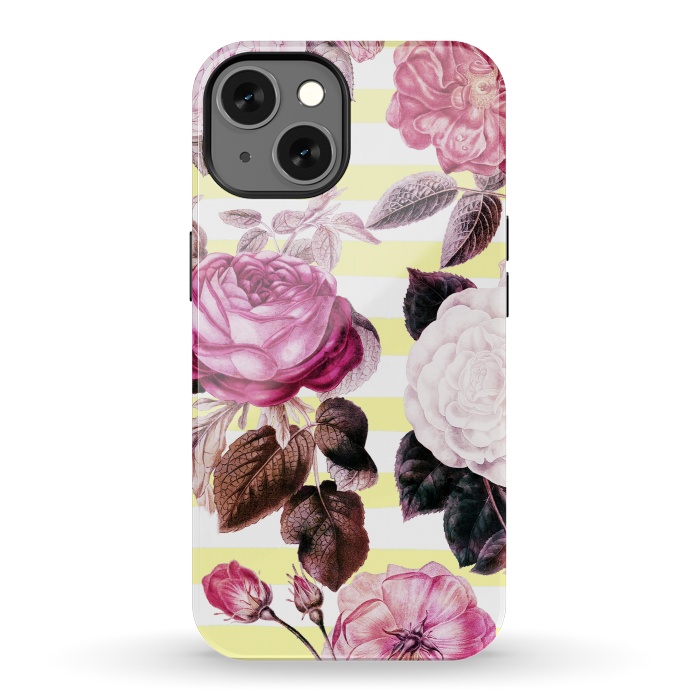 iPhone 13 StrongFit Vintage romantic roses and bright yellow stripes by Oana 