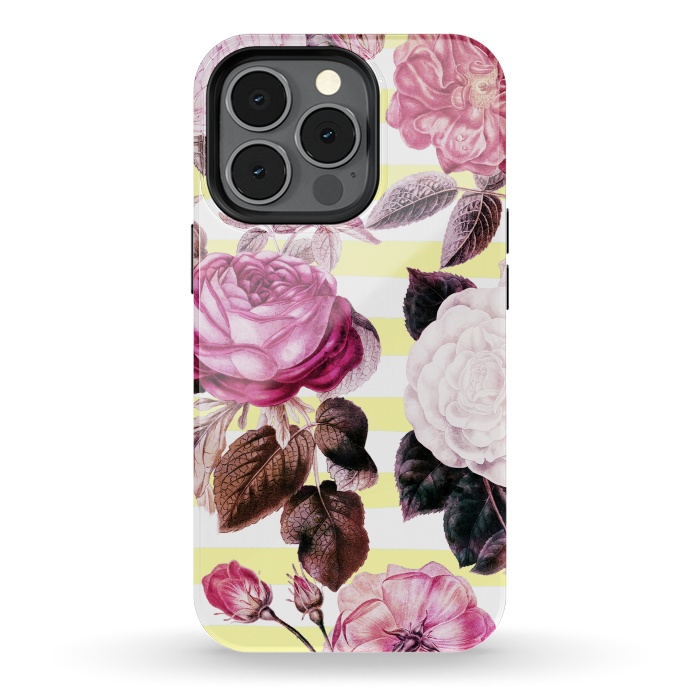 iPhone 13 pro StrongFit Vintage romantic roses and bright yellow stripes by Oana 