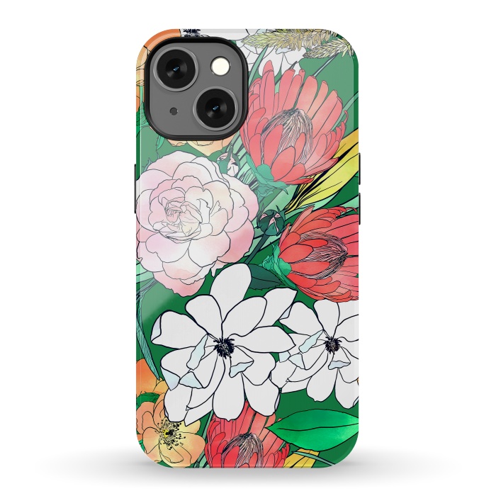 iPhone 13 StrongFit Colorful Hand Drawn Flowers Green Girly Design by InovArts