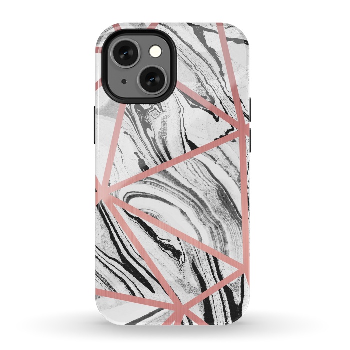 iPhone 13 mini StrongFit White marble with black stripes and rose gold triangles by Oana 