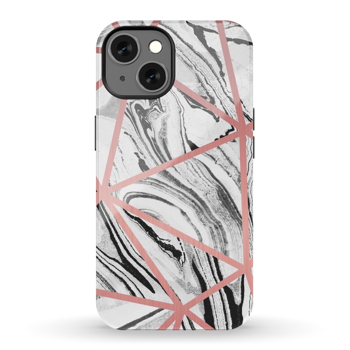 iPhone 13 StrongFit White marble with black stripes and rose gold triangles by Oana 