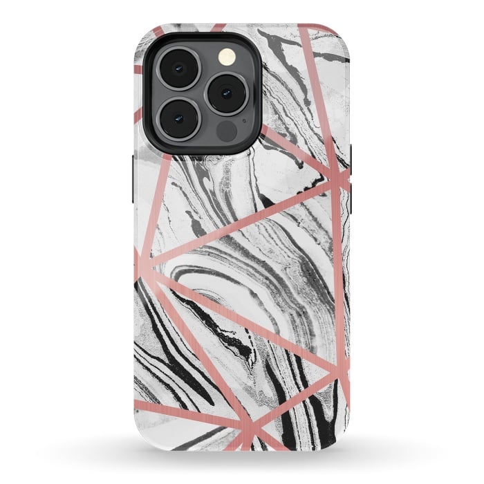 iPhone 13 pro StrongFit White marble with black stripes and rose gold triangles by Oana 