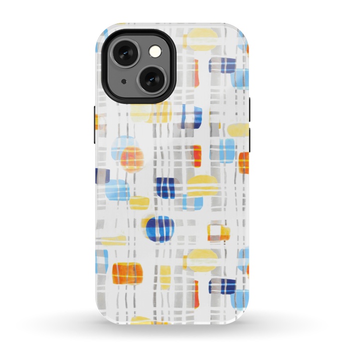iPhone 13 mini StrongFit Blue & Yellow Abstract Gouache Shapes & Gingham by Tigatiga