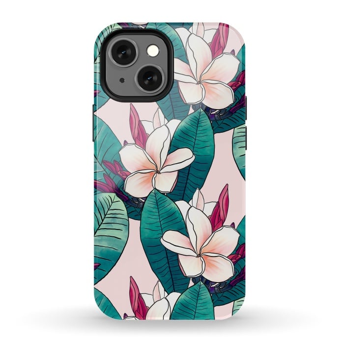 iPhone 13 mini StrongFit Trendy Tropical Plumeria Flowers Green Foliage Design by InovArts