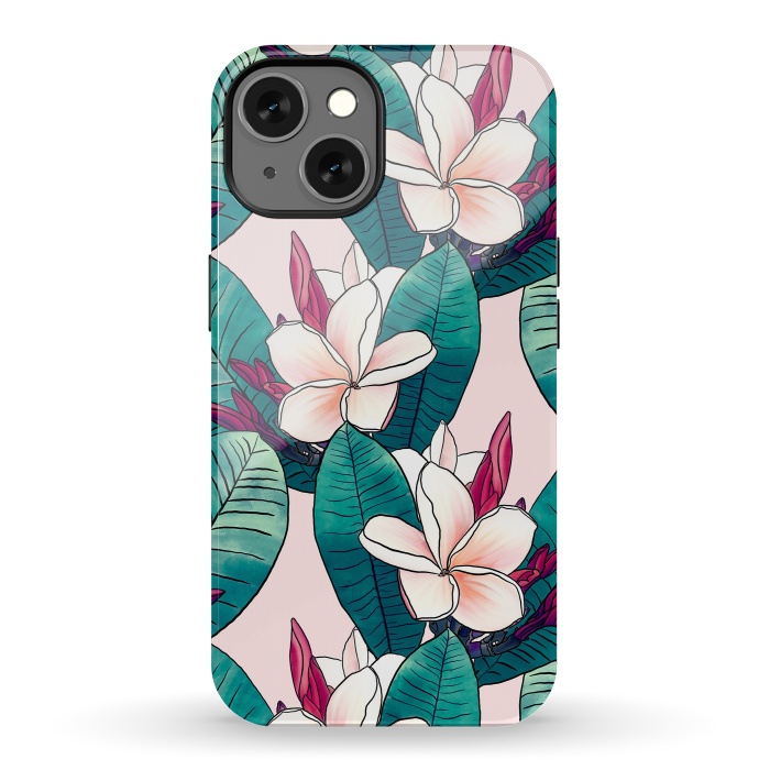 iPhone 13 StrongFit Trendy Tropical Plumeria Flowers Green Foliage Design by InovArts