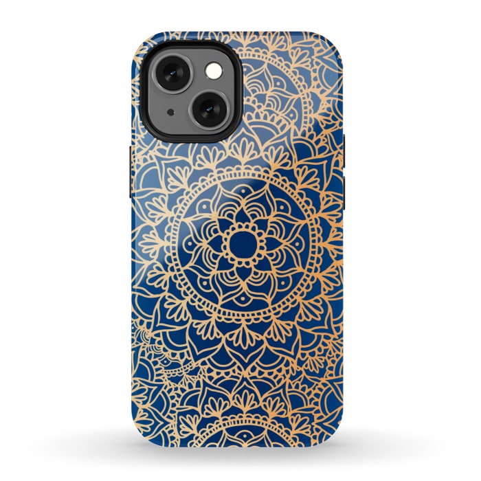 iPhone 13 mini StrongFit Blue and Yellow Mandala Pattern by Julie Erin Designs