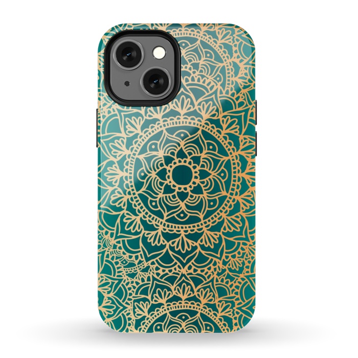 iPhone 13 mini StrongFit Teal Green and Yellow Mandala Pattern by Julie Erin Designs