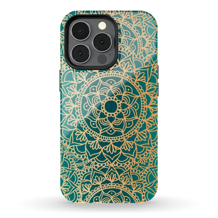 iPhone 13 pro StrongFit Teal Green and Yellow Mandala Pattern by Julie Erin Designs