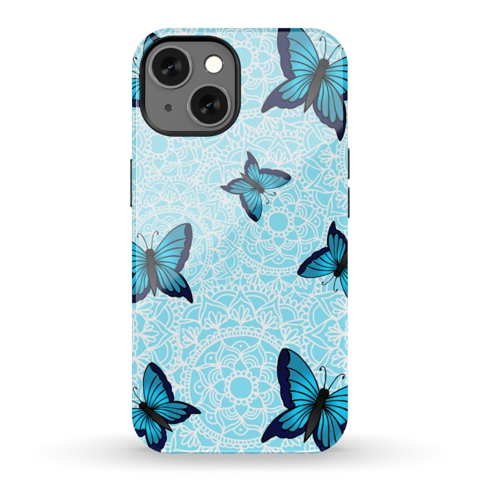 iPhone 13 StrongFit Blue Butterfly Mandala Pattern by Julie Erin Designs