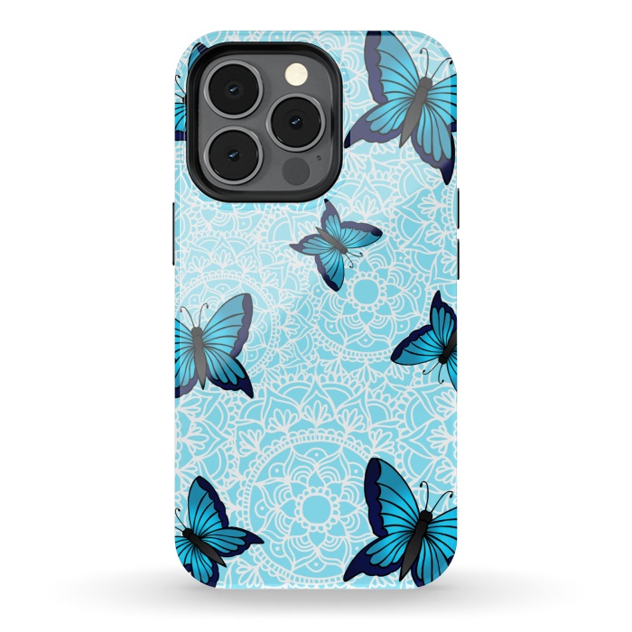 iPhone 13 pro StrongFit Blue Butterfly Mandala Pattern by Julie Erin Designs