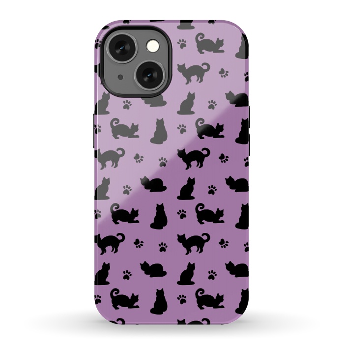 iPhone 13 StrongFit Black and Purple Cats and Paw Prints Pattern by Julie Erin Designs