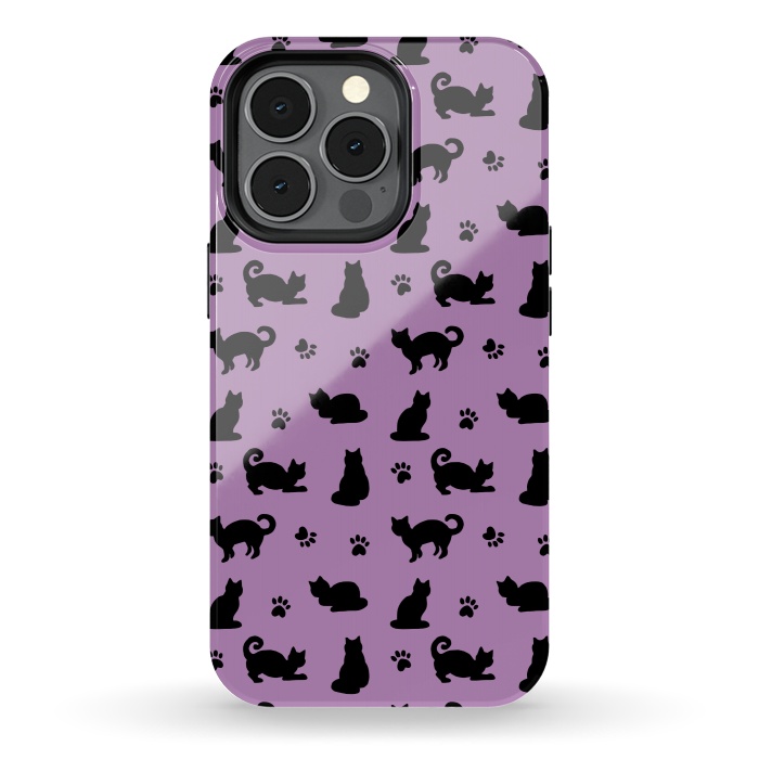iPhone 13 pro StrongFit Black and Purple Cats and Paw Prints Pattern by Julie Erin Designs
