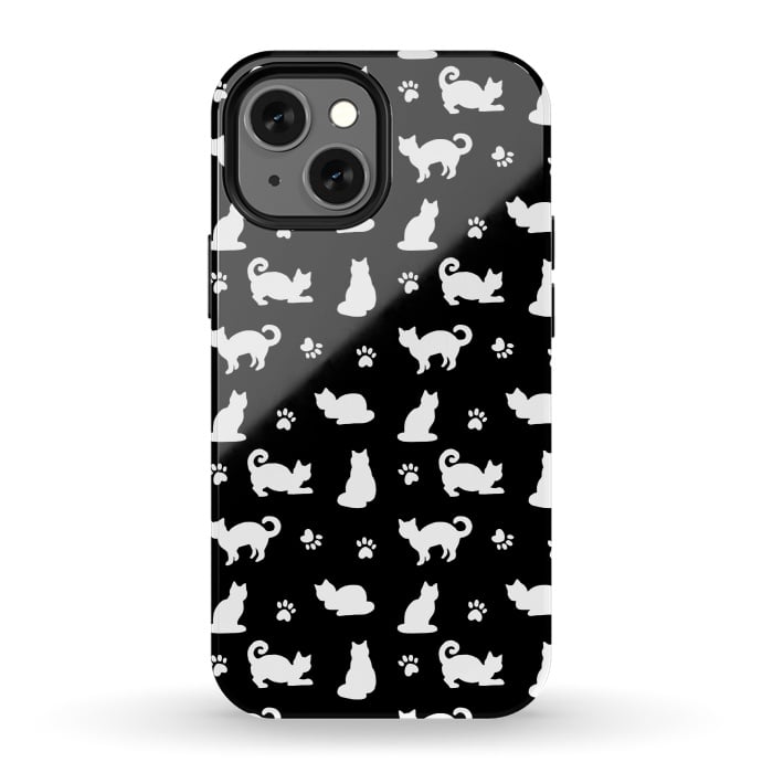 iPhone 13 mini StrongFit Black and White Cats and Paw Prints Pattern by Julie Erin Designs