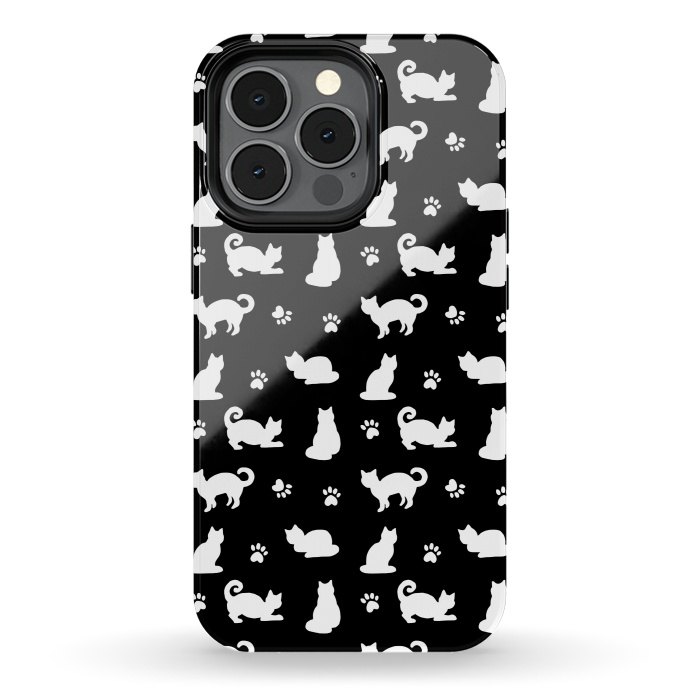 iPhone 13 pro StrongFit Black and White Cats and Paw Prints Pattern by Julie Erin Designs