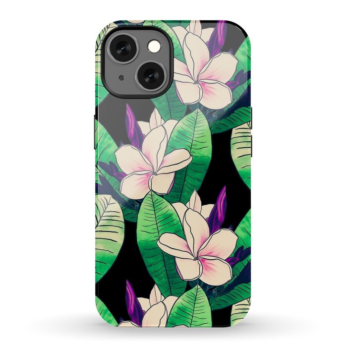 iPhone 13 StrongFit Stylish Plumeria Flower Tropical Green Foliage Design by InovArts