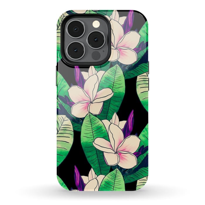 iPhone 13 pro StrongFit Stylish Plumeria Flower Tropical Green Foliage Design by InovArts