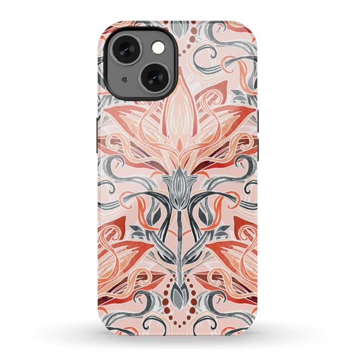 iPhone 13 StrongFit Coral and Grey Watercolor Art Nouveau Aloe by Micklyn Le Feuvre