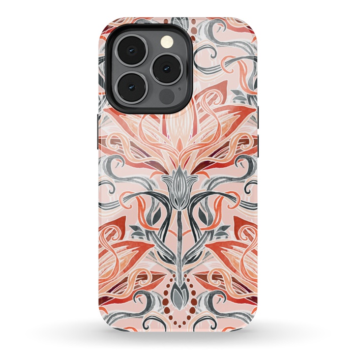 iPhone 13 pro StrongFit Coral and Grey Watercolor Art Nouveau Aloe by Micklyn Le Feuvre