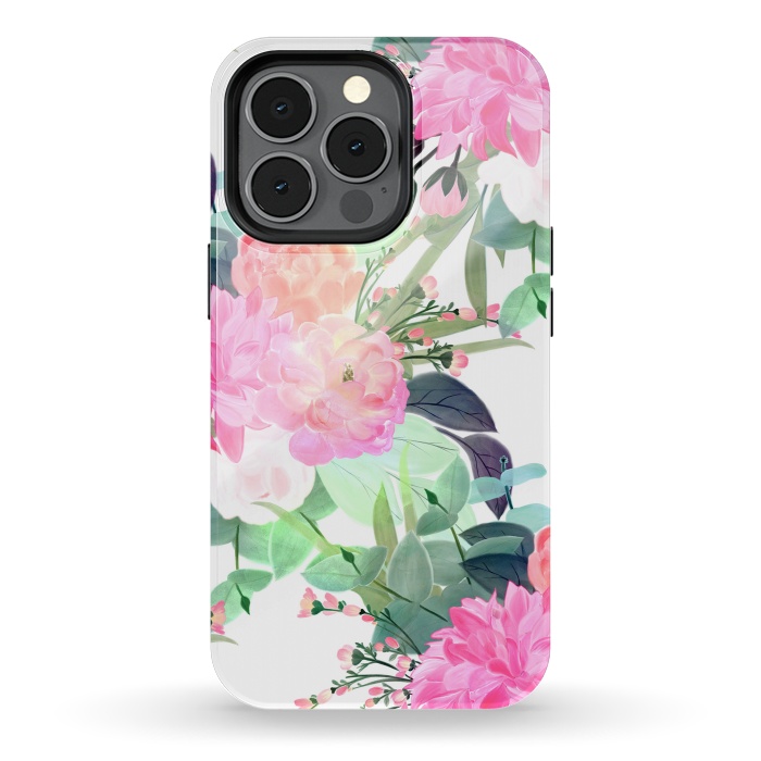 iPhone 13 pro StrongFit Girly Pink & White Flowers Watercolor Paint by InovArts