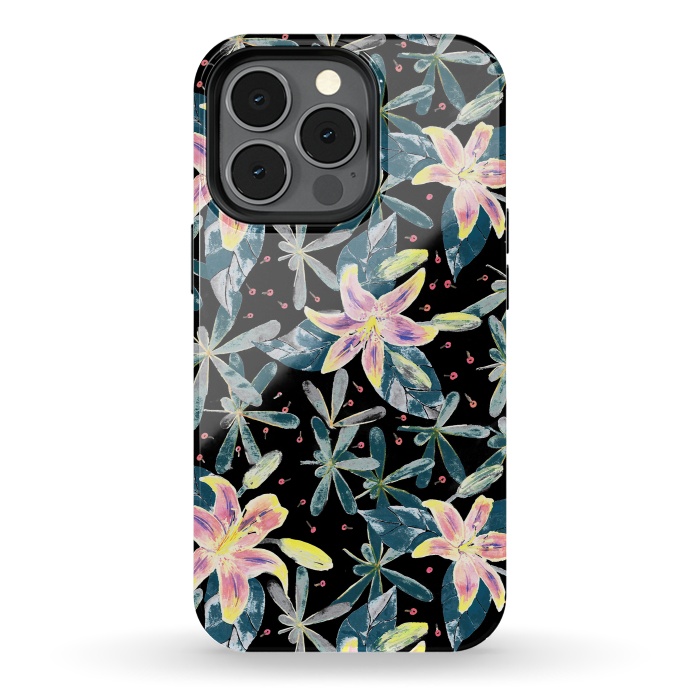 iPhone 13 pro StrongFit Painted flowers and tropical leaves - dark green by Oana 