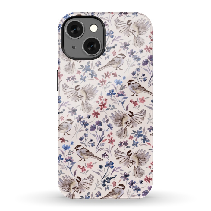 iPhone 13 StrongFit Chickadees and Wildflowers on Cream by Micklyn Le Feuvre