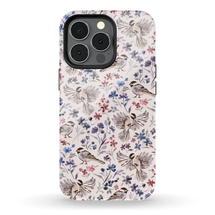 iPhone 13 pro StrongFit Chickadees and Wildflowers on Cream by Micklyn Le Feuvre