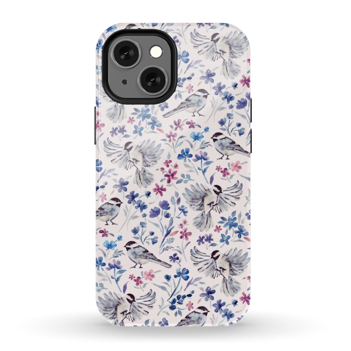 iPhone 13 mini StrongFit Chickadees and Wildflowers in lavender blues on cream by Micklyn Le Feuvre
