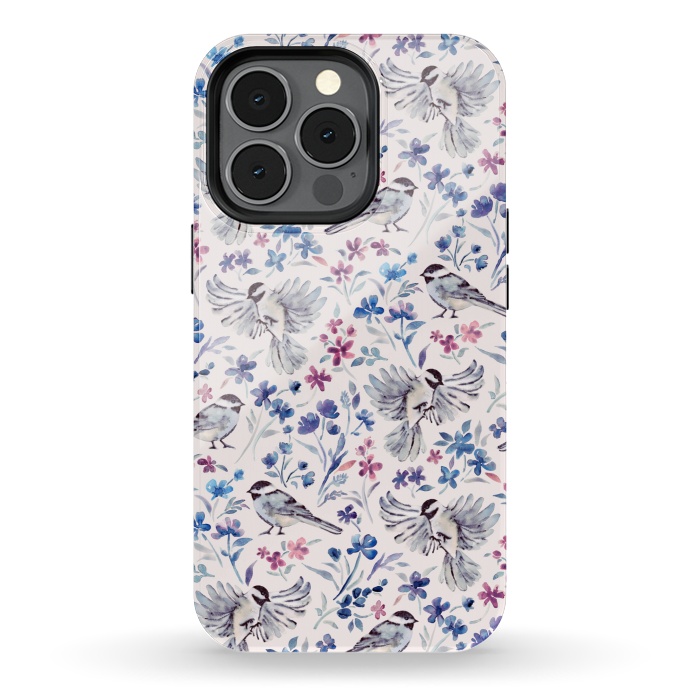 iPhone 13 pro StrongFit Chickadees and Wildflowers in lavender blues on cream by Micklyn Le Feuvre