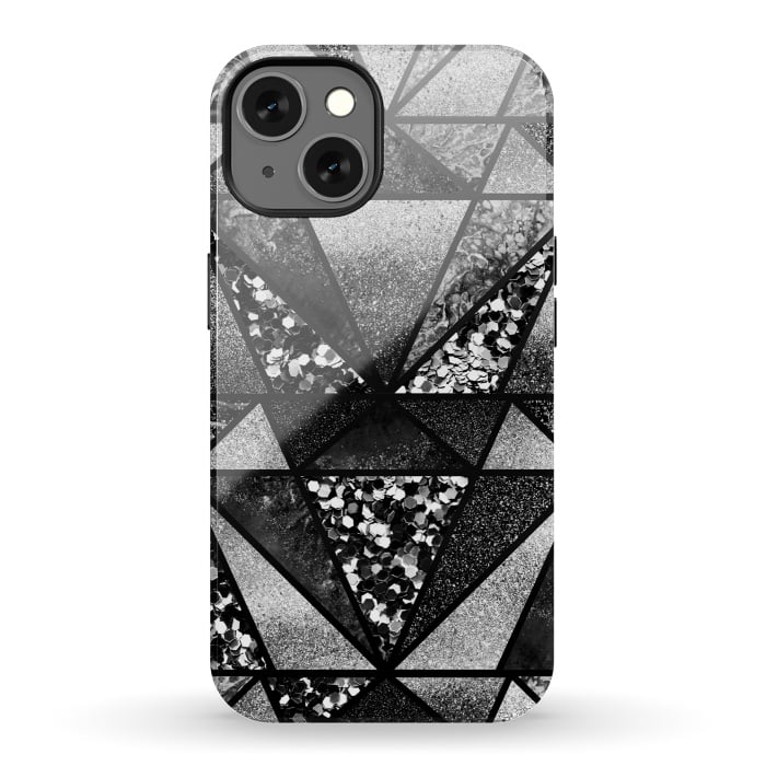 iPhone 13 StrongFit Black and silver glitter sparkle triangles by Oana 