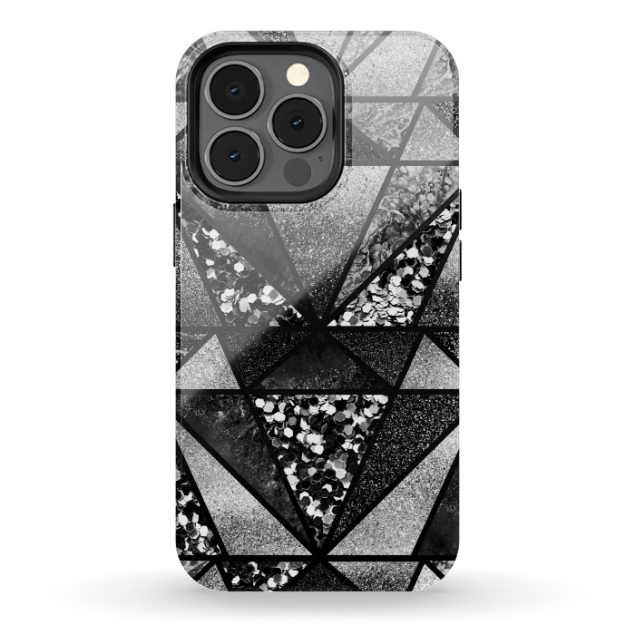 iPhone 13 pro StrongFit Black and silver glitter sparkle triangles by Oana 