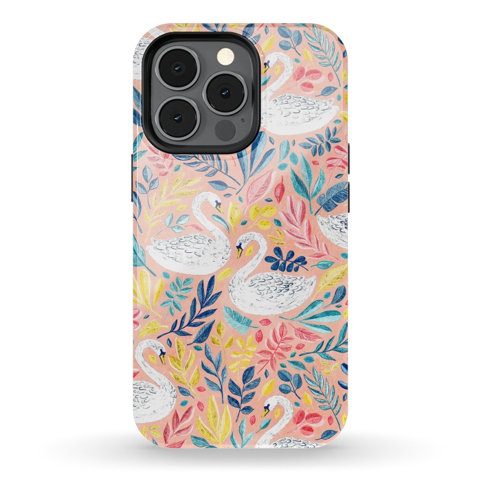 iPhone 13 pro StrongFit Whimsical White Swans and Colorful Leaves on Pale Peach Pink by Micklyn Le Feuvre