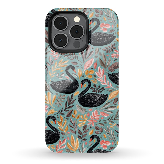 iPhone 13 pro StrongFit Bonny Black Swans with Autumn Leaves on Sage by Micklyn Le Feuvre