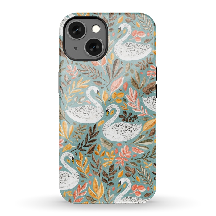 iPhone 13 StrongFit Whimsical White Swans with Autumn Leaves on Sage by Micklyn Le Feuvre