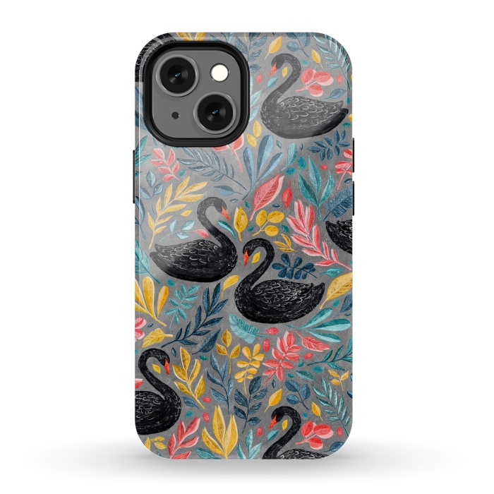 iPhone 13 mini StrongFit Bonny Black Swans with Lots of Leaves on Grey by Micklyn Le Feuvre