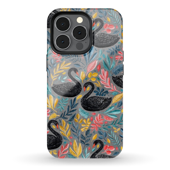 iPhone 13 pro StrongFit Bonny Black Swans with Lots of Leaves on Grey by Micklyn Le Feuvre