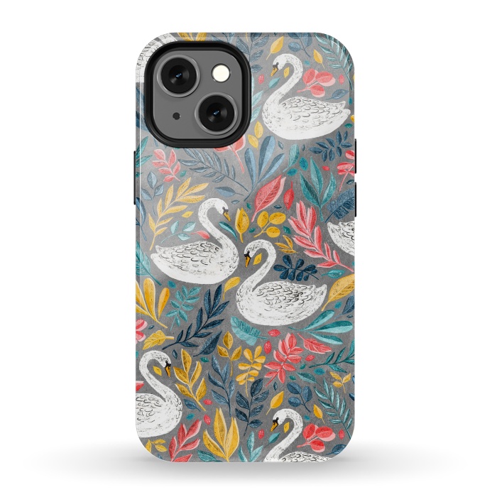iPhone 13 mini StrongFit Whimsical White Swans with Lots of Leaves on Grey by Micklyn Le Feuvre