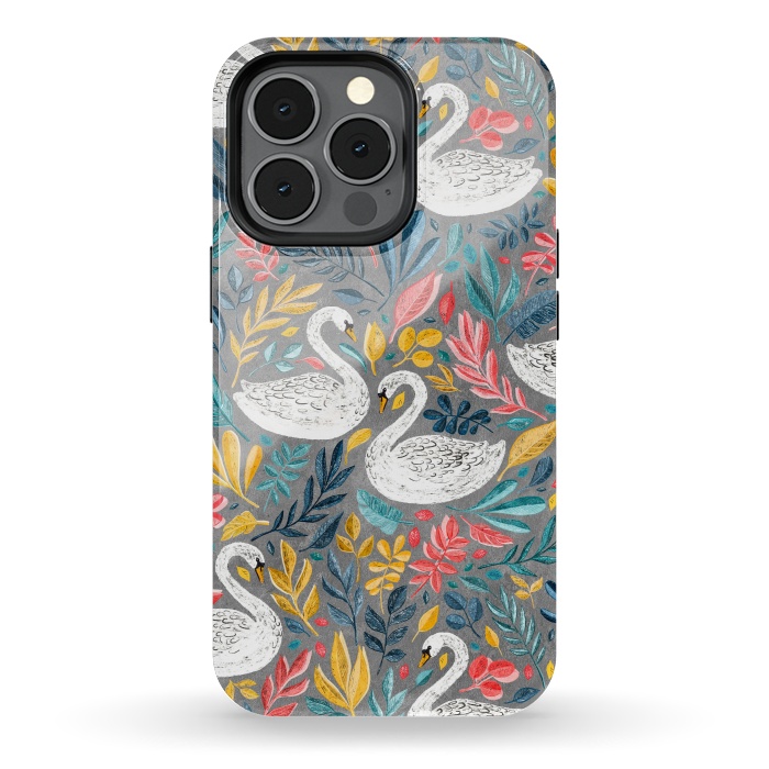 iPhone 13 pro StrongFit Whimsical White Swans with Lots of Leaves on Grey by Micklyn Le Feuvre