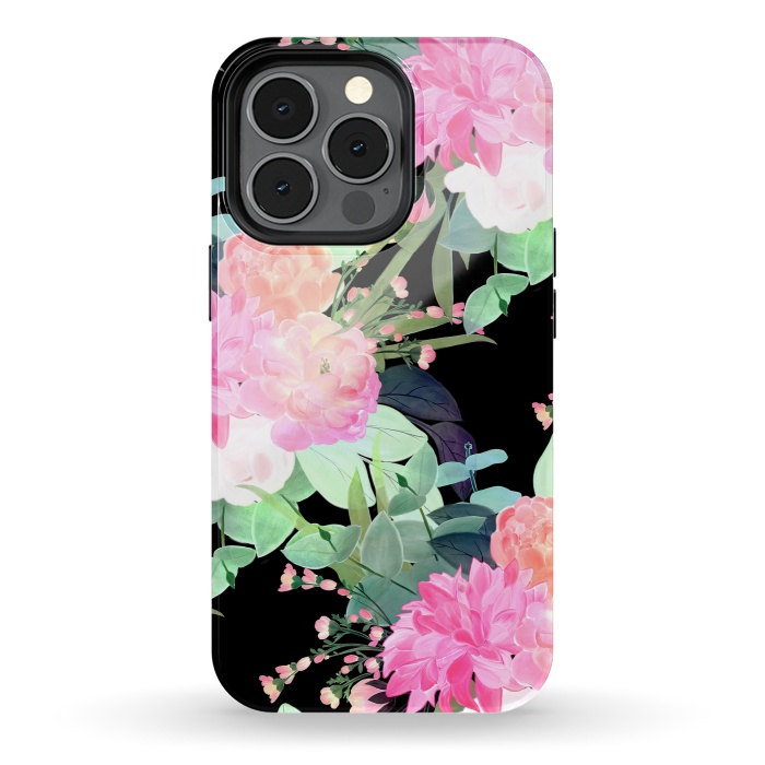 iPhone 13 pro StrongFit Trendy Pink & Black Flowers Watercolor Design by InovArts